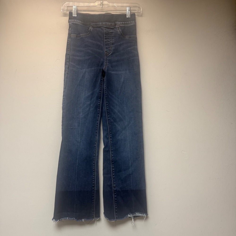 Spanx Pull-On Jeans Womens XS Blue Excellent Wide Leg Raw Hem High Rise 14668